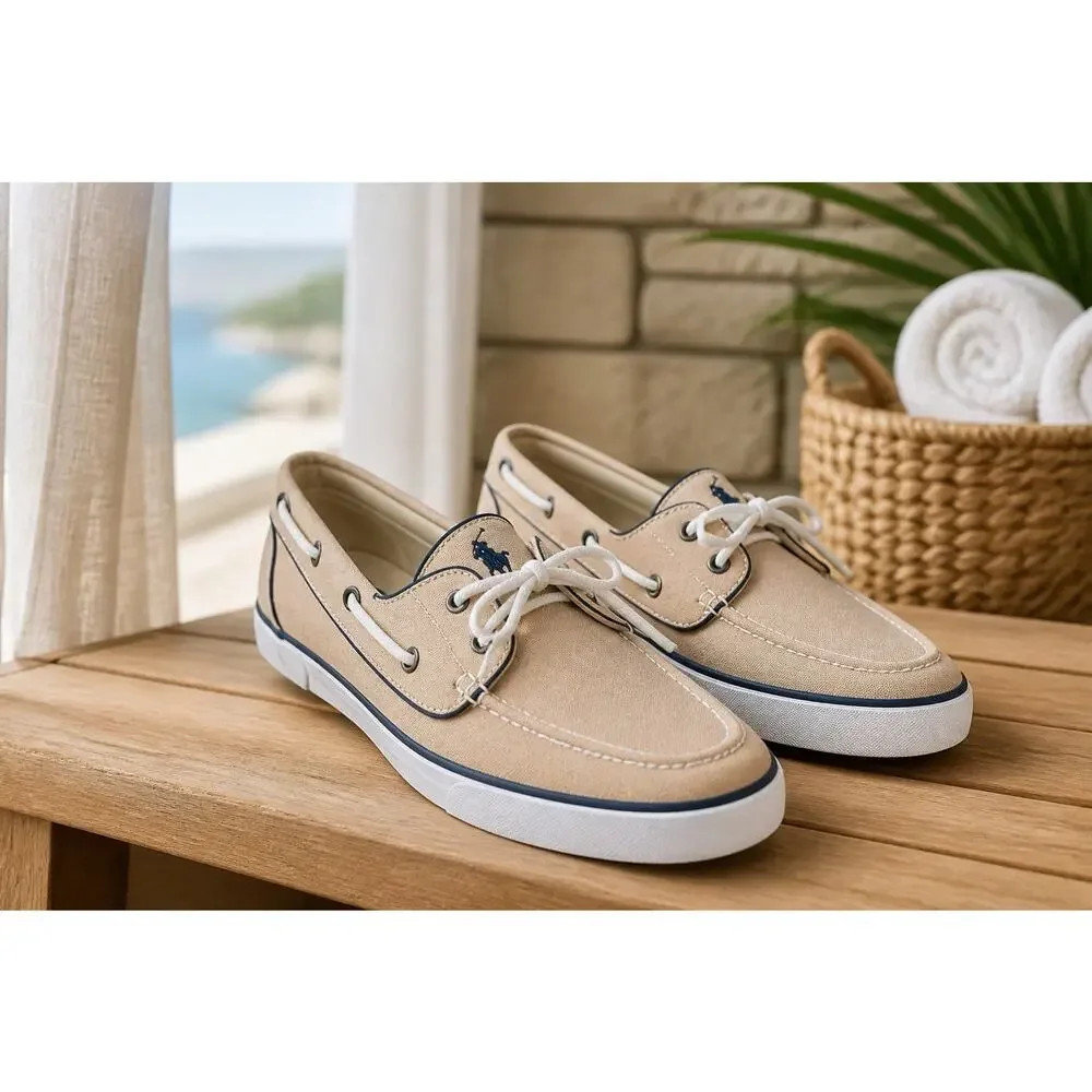 Polo Ralph Lauren Lander Boat Shoes Beige Canvas With Blue Pony Mens Size 12D